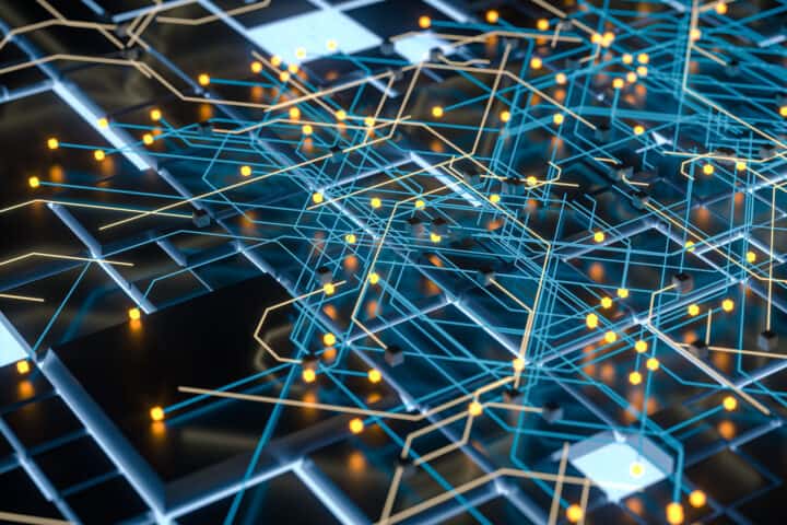 Circuit board and current data, data background, 3d rendering. Computer digital drawing.